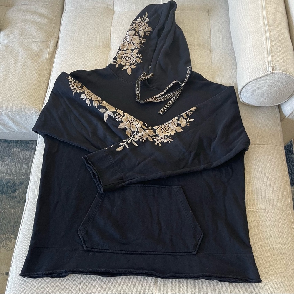 Johnny Was Black Hoodie with Vibrant Embroidery women’s Large